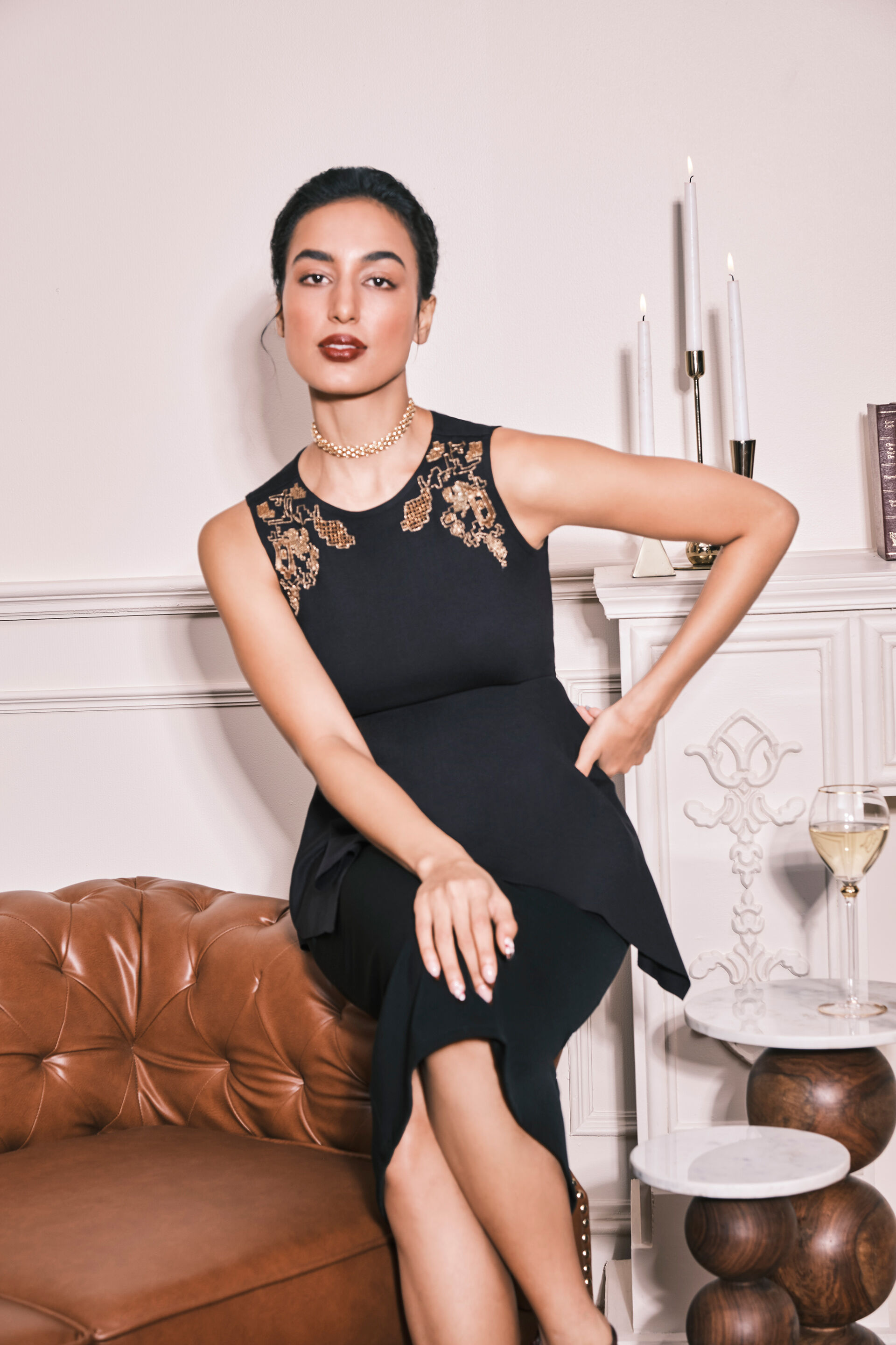 'Gold' Shoulders Peplum Top, Black, image 2